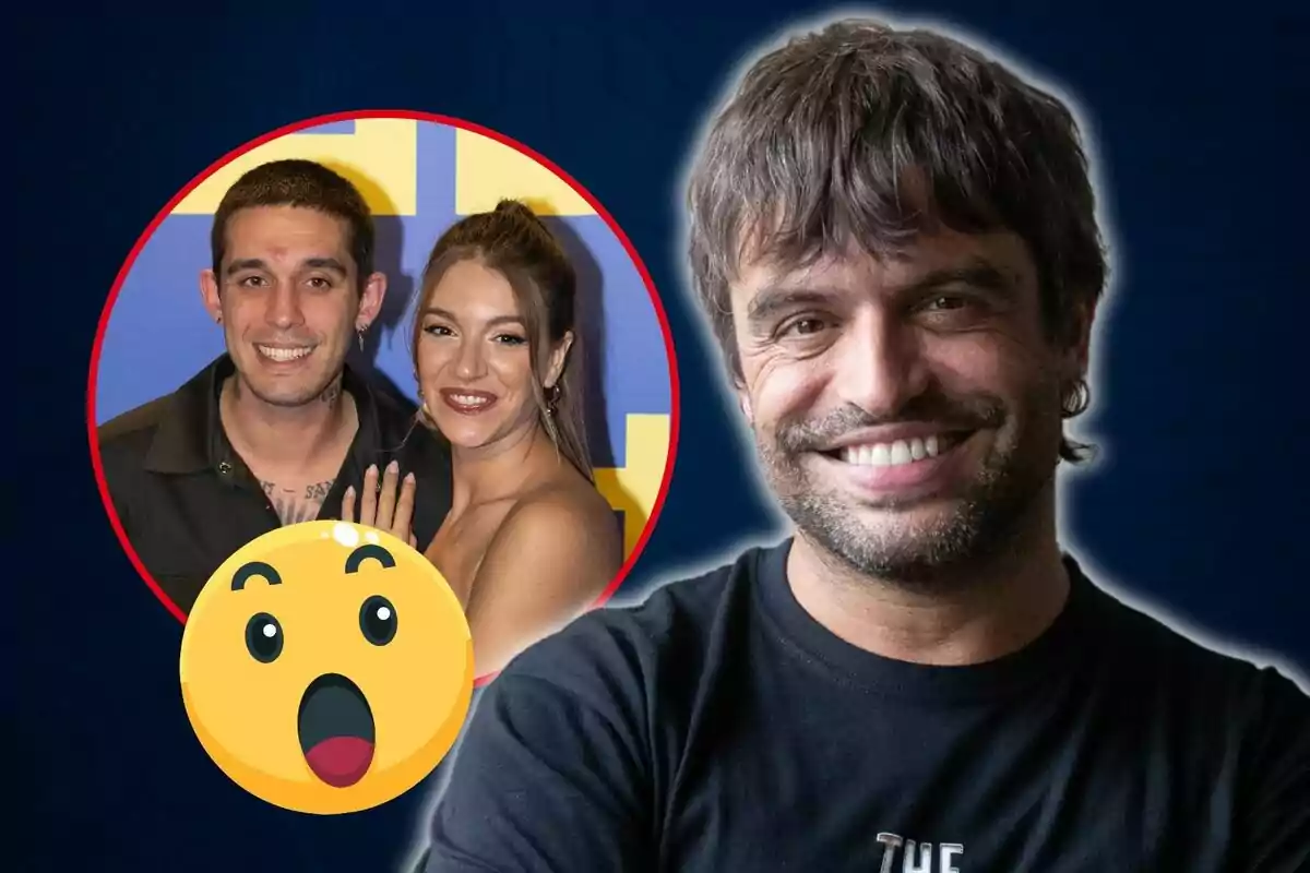 Un hombre sonriente en primer plano con una imagen circular de una pareja sonriente y un emoji sorprendido en el fondo.