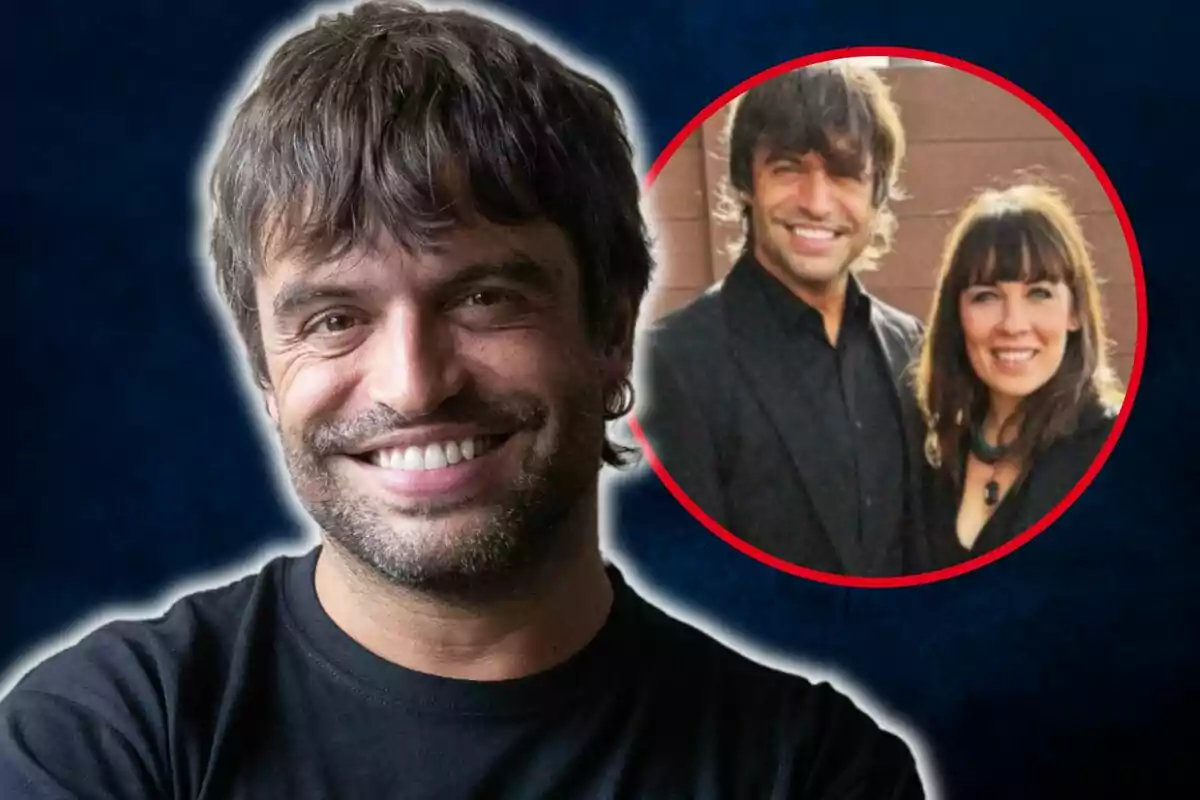 Un hombre sonriente con barba y cabello oscuro, con una imagen circular en la esquina superior derecha que muestra a un hombre y una mujer sonriendo juntos.