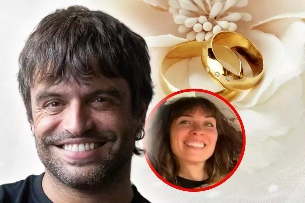 Montaje de fotos de primer plano de Manu Guix sonriente junto a un fondo de anillos dorados y una flor blanca, con un recuadro que muestra a su pareja, Marta Cristià, también sonriente.