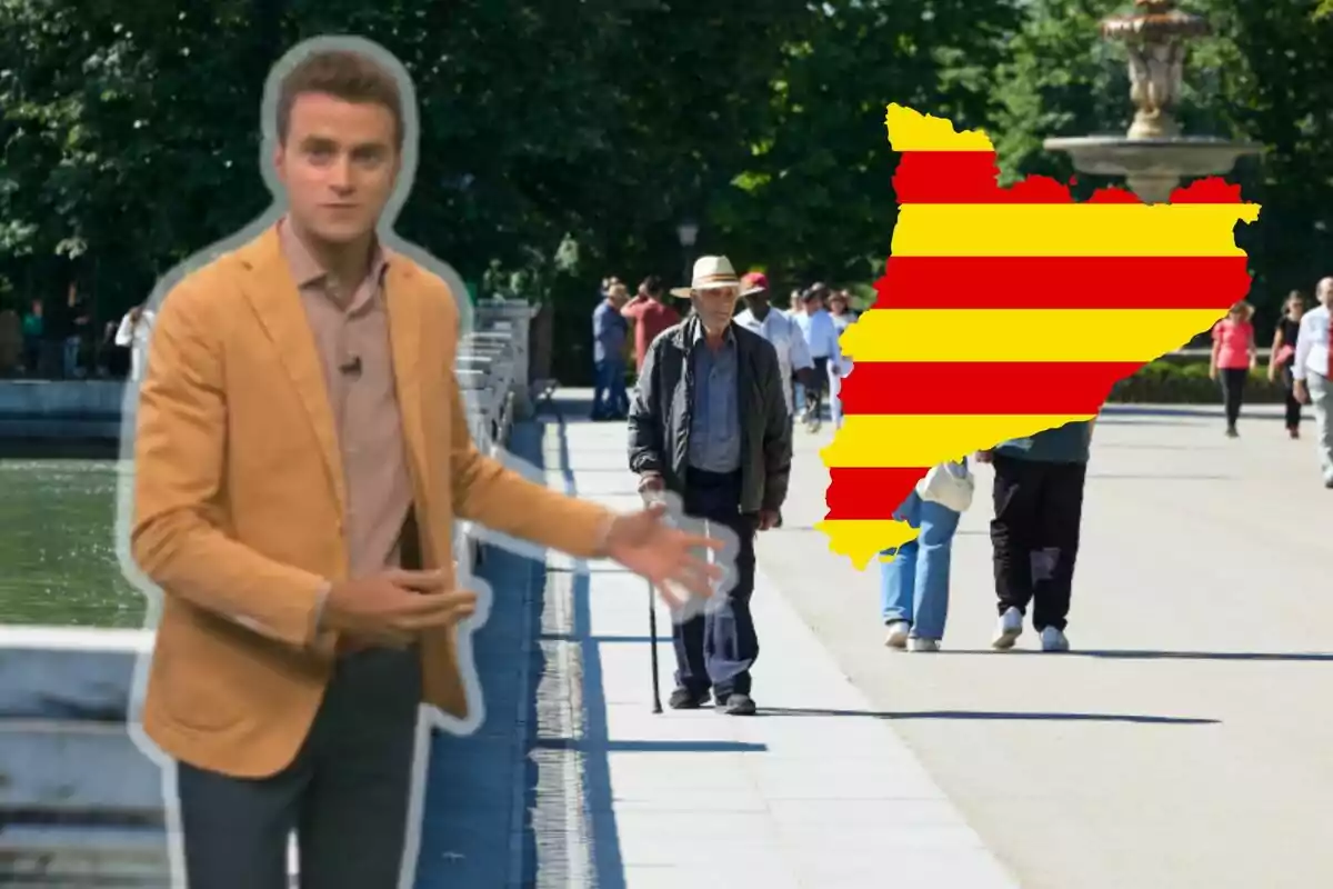 Un hombre con chaqueta marrón está en primer plano señalando hacia un parque donde caminan varias personas y sobre la imagen aparece un mapa con los colores de la bandera catalana.