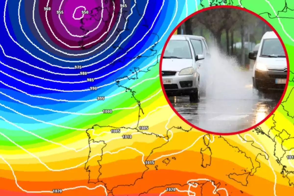 Mapa radar con la borrasca que podría llegar a España en noviembre y un círculo con dos coches circulando en pleno temporal de lluvia