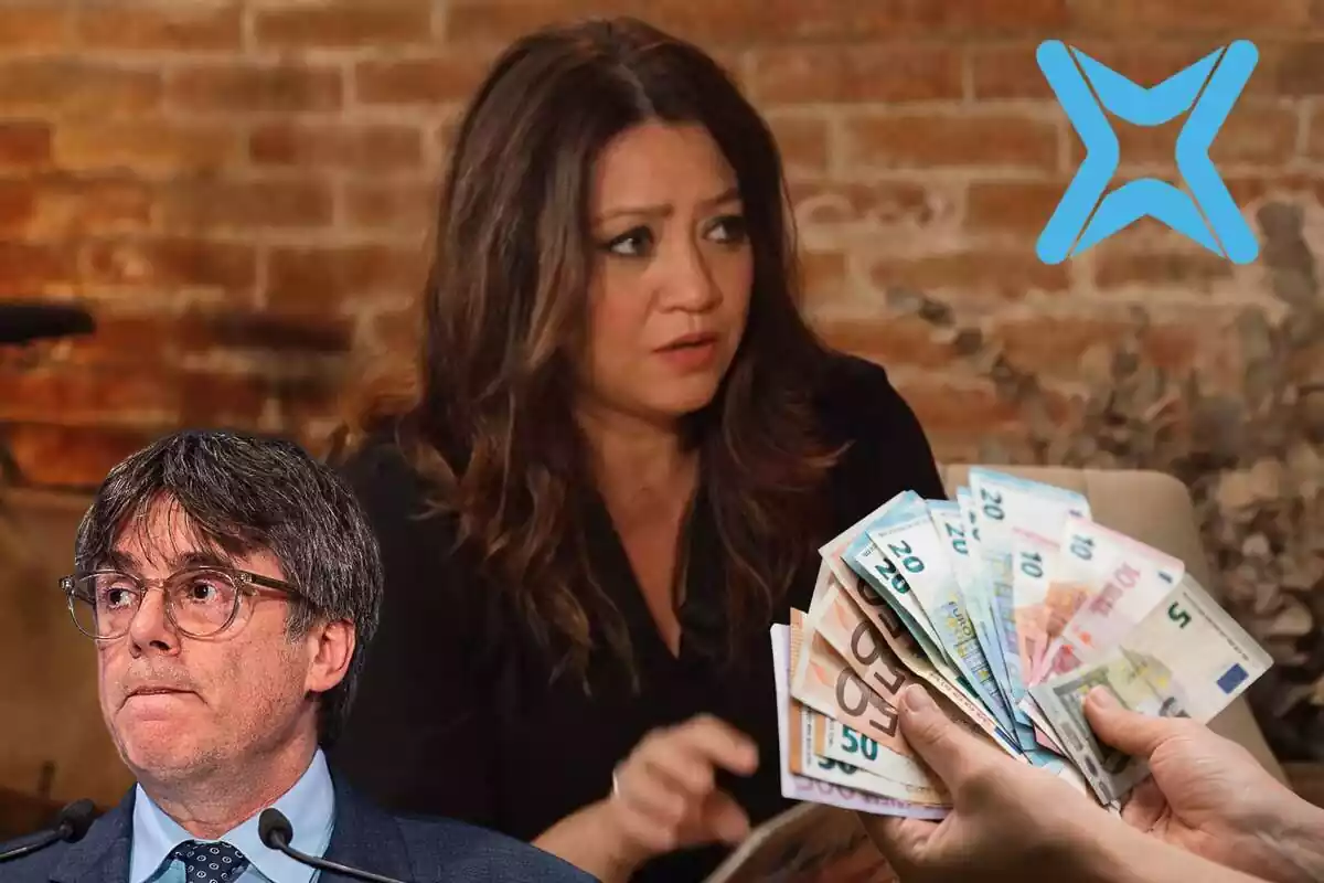 Montaje de Marcela Topor recibiendo dinero de la Xarxa mientras Carles Puigdemont mira hacia otro lado.