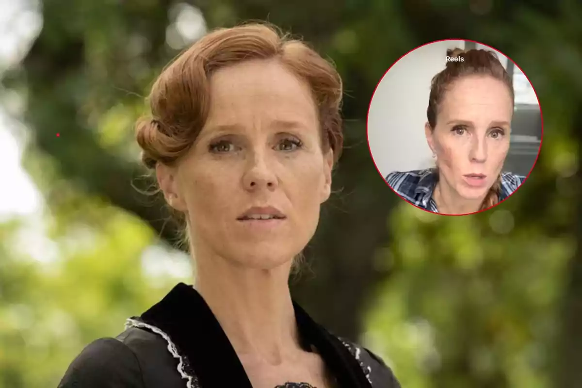 María Castro con cabello recogido y expresión seria en un entorno al aire libre con un recuadro que muestra su rostro en otra pose.