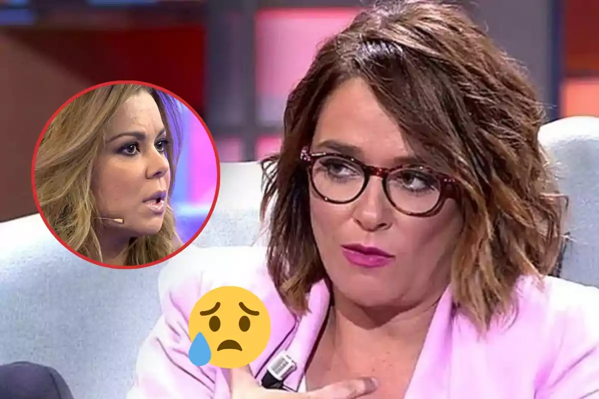 Montaje de Toñi Moreno, con chaqueta rosa y gafas así como con cara compungida, con una imagen en un círculo de María José Campanario, seria, junto a un emoticono llorando