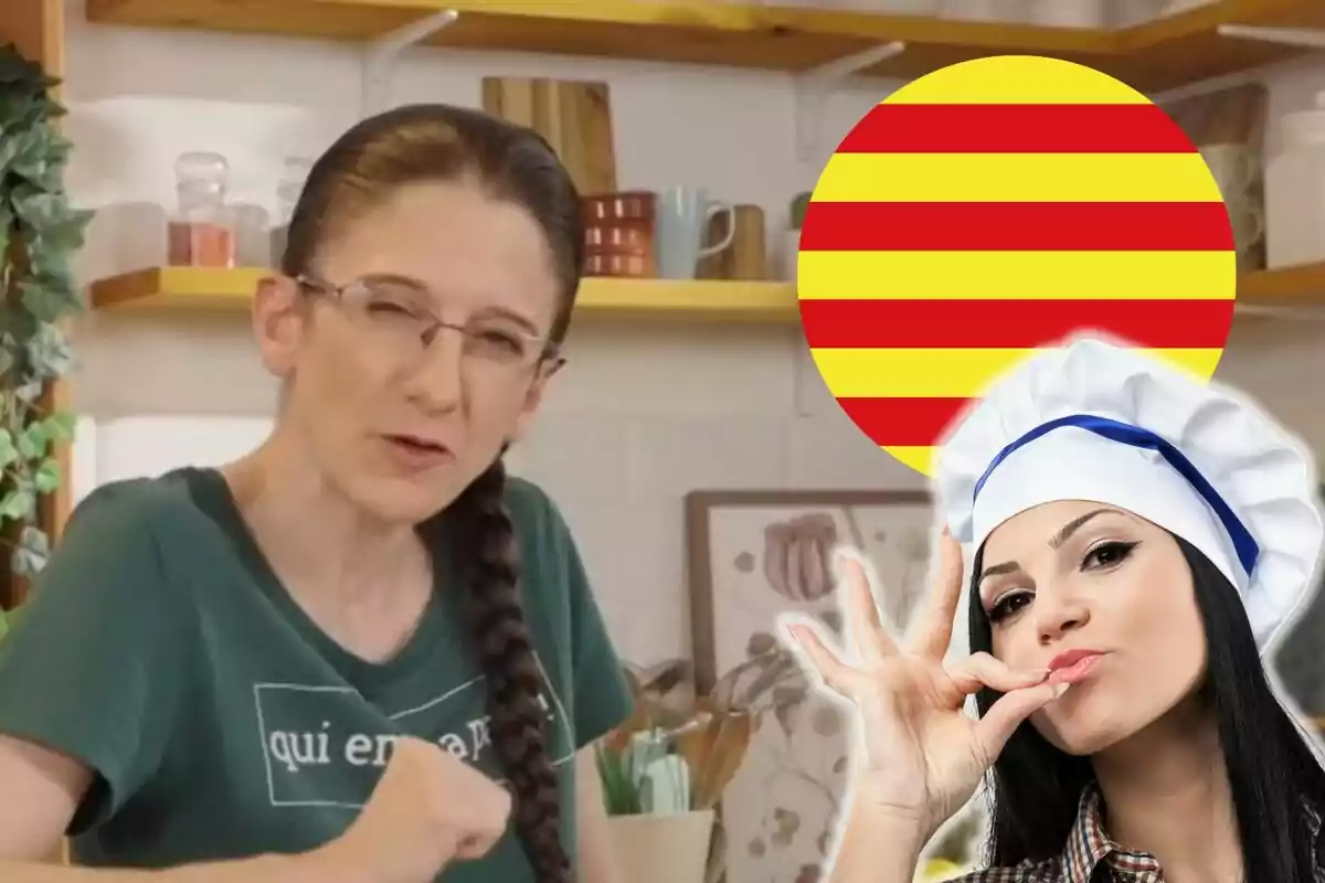 María Nicolau con gafas y trenza en una cocina, junto a una imagen superpuesta de una chef haciendo un gesto de aprobación con la mano y un círculo con franjas rojas y amarillas.