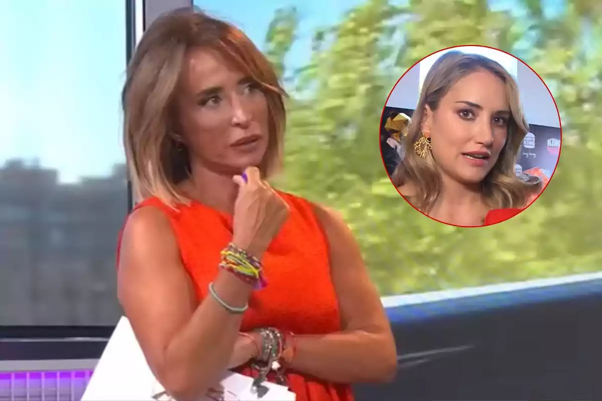 María Patiño con vestido rojo y pulseras coloridas en 'Ni que fuéramos' con un recuadro que muestra a Alba Carrillo con pendientes dorados.