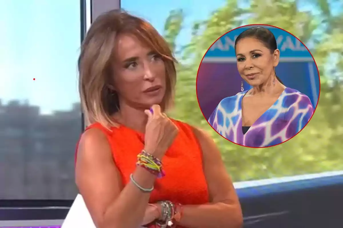 María Patiño con vestido naranja y pulseras coloridas está pensativa mientras observa una imagen en un círculo que muestra a Isabel Pantoja con un vestido colorido.