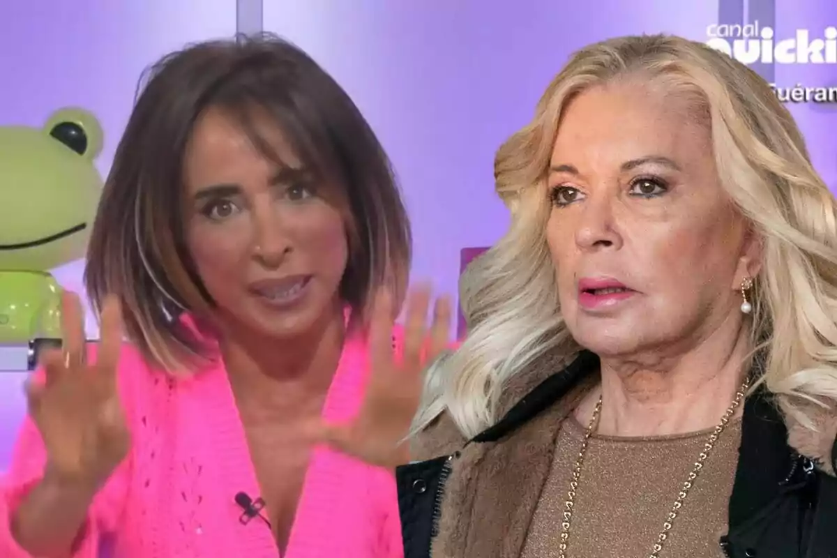 María Patiño y Bárbara Rey en un programa de televisión, una con cabello corto y oscuro usando un suéter rosa y la otra con cabello rubio y largo.