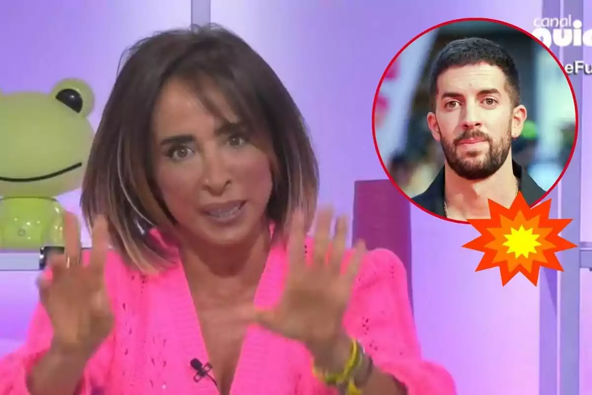 María Patiño con un suéter rosa gesticula mientras habla en un programa de televisión con la imagen de David Broncano en un círculo rojo en la esquina superior derecha.