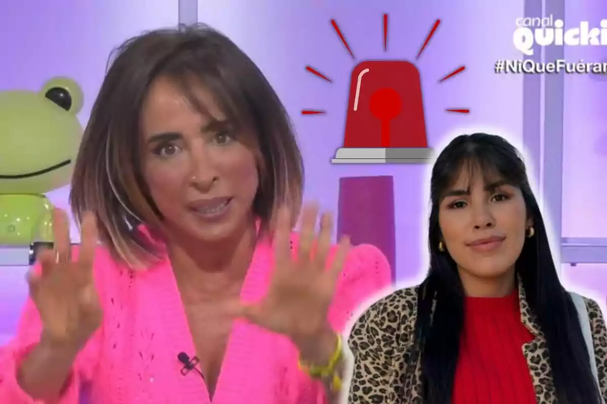 María Patiño e Isa Pantoja en un set de televisión con un fondo morado y un dibujo de una sirena de alarma roja.