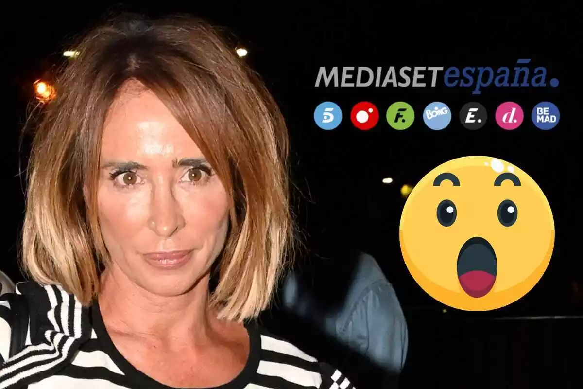 Montaje de María Patiño con rostro neutro, el logo de Mediaset y un emoji de sorpresa