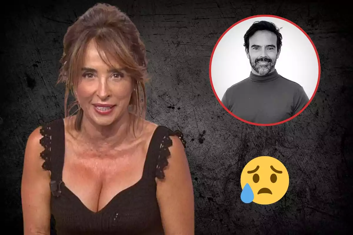 María Patiño con un vestido negro aparece en primer plano, mientras que en la esquina superior derecha hay una imagen en blanco y negro de Ricardo Rodríguez dentro de un círculo rojo y en la esquina inferior derecha hay un emoji de cara triste con una lágrima.