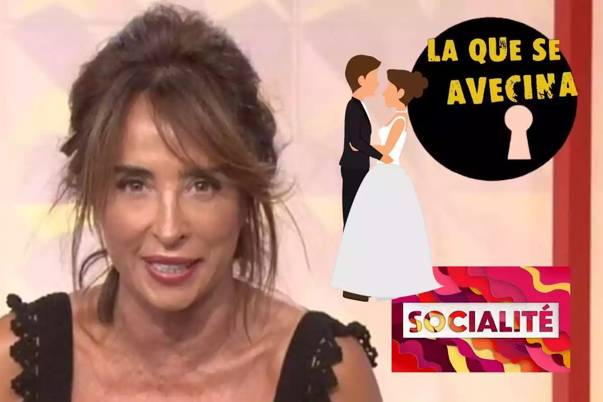 Montaje con un primer plano de María Patiño en 'Socialité' con el logo del programa, el logo de 'La que se avecina' y una pareja de novios