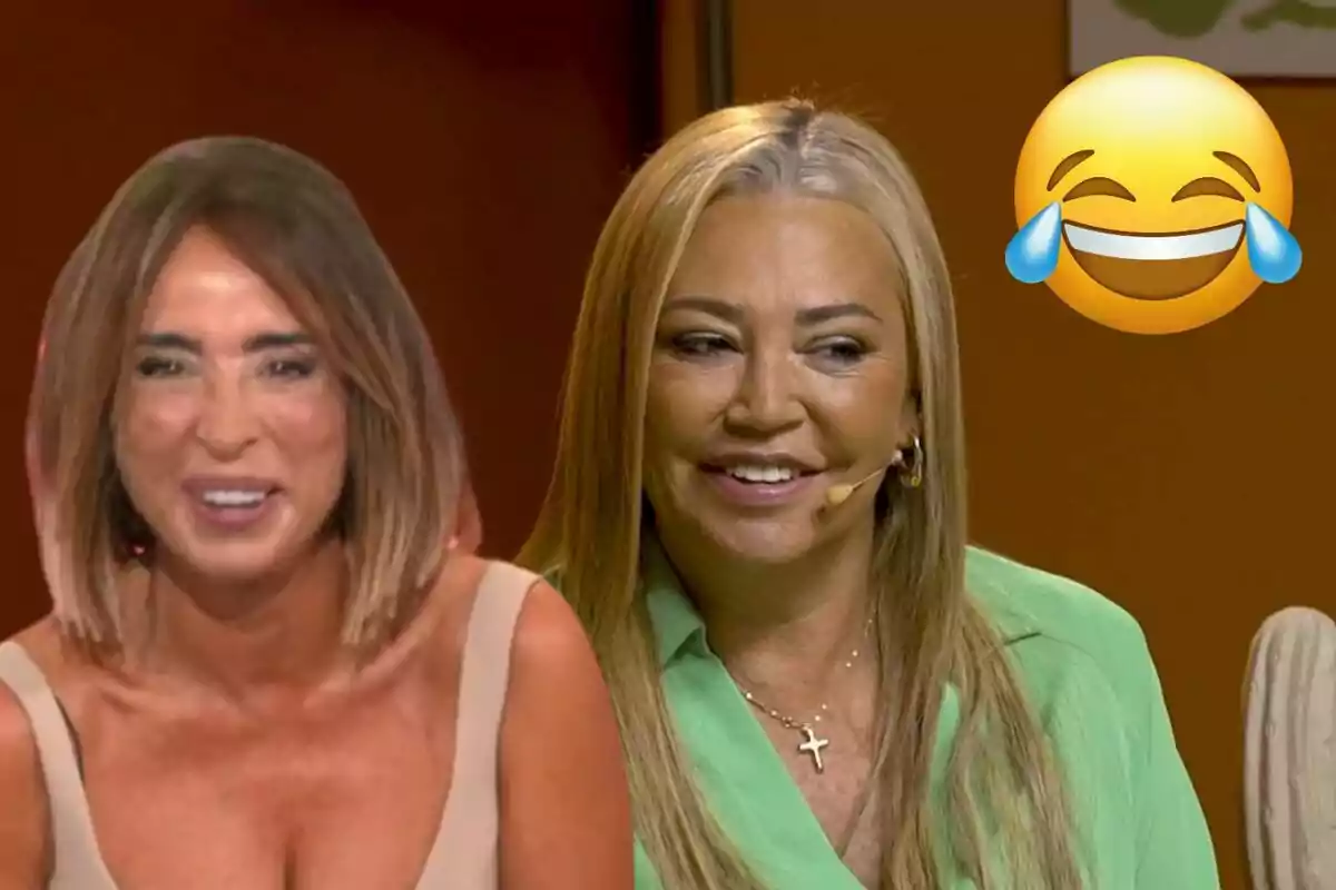 María Patiño y Belén Esteban sonrientes con un emoji de risa en la esquina superior derecha.