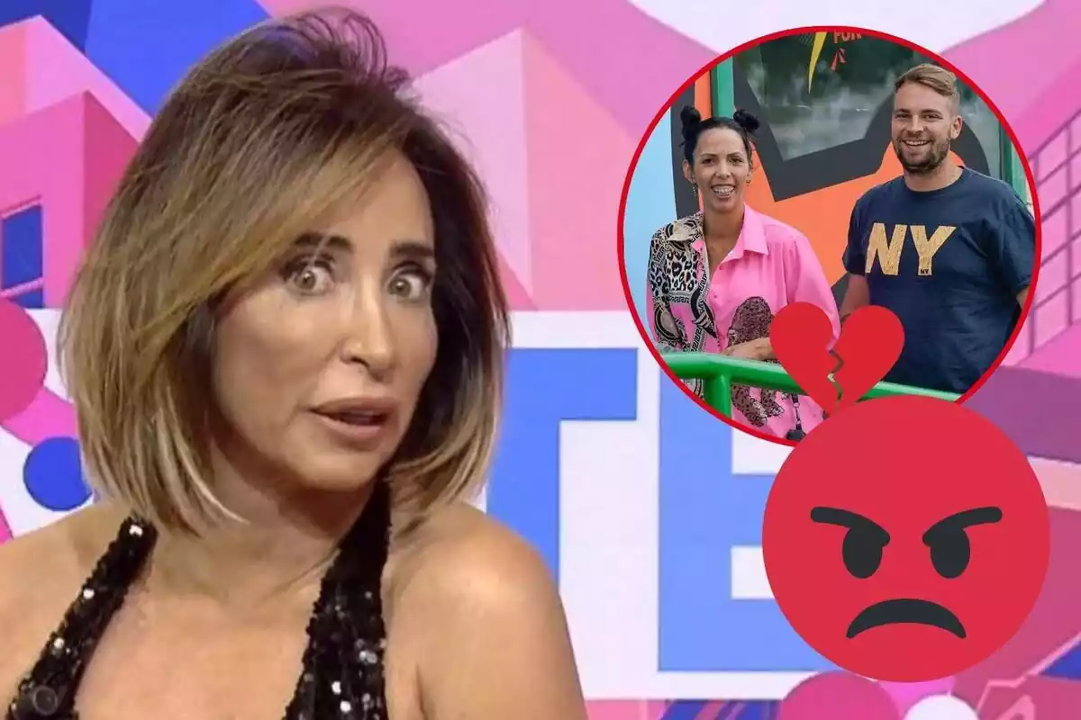 Montaje de María Patiño seria con tirantes negros, Paola Olmedo sonriendo con una camisa rosa junto a José María Almoguera sonriendo con una camiseta azul, un corazón roto y un emoji enfadado