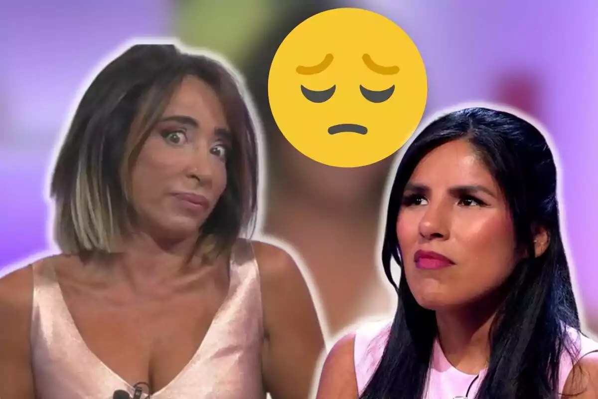 María Patiño e Isa Pantoja con expresiones faciales de sorpresa y preocupación, con un emoji de cara triste en el centro.