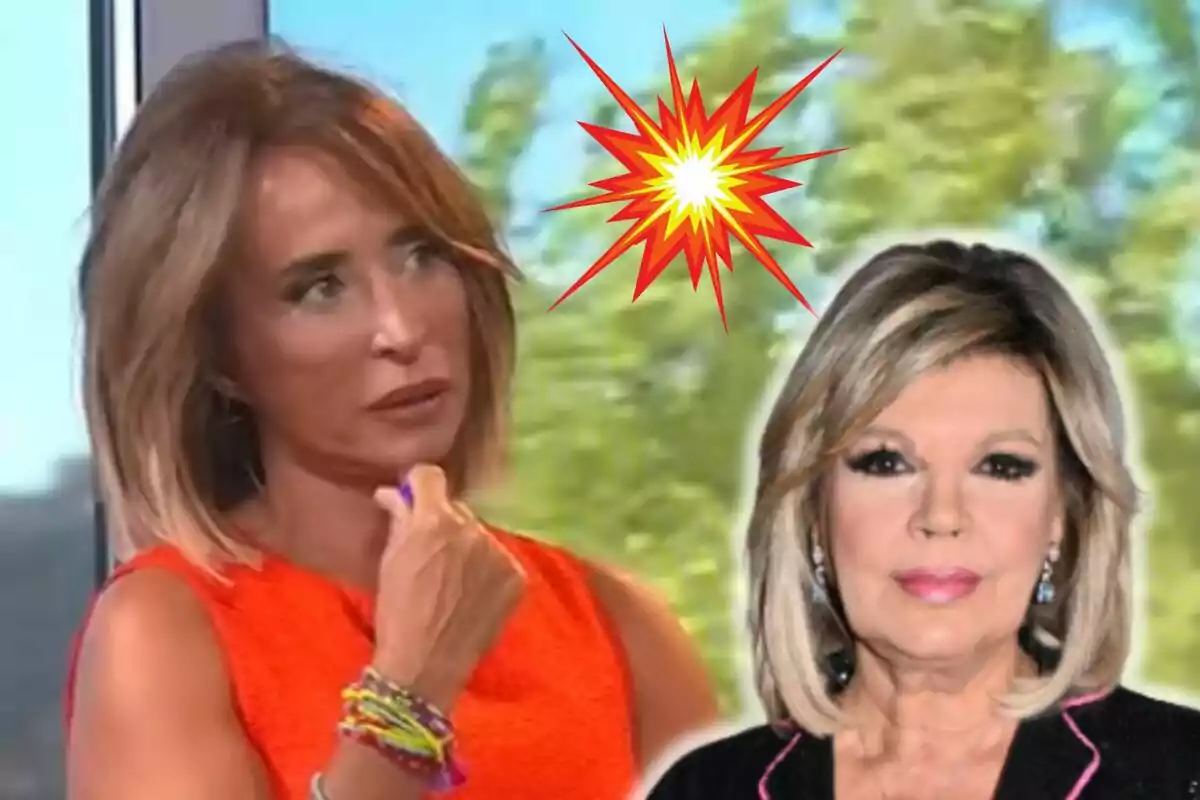 María Patiño y Terelu Campos en un programa de televisión con una explosión gráfica en el fondo.