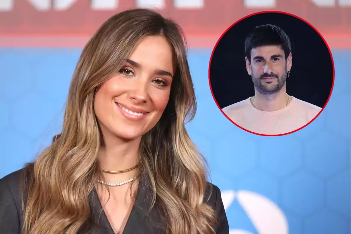 Montaje de María Pombo, con pelo largo y chaqueta oscura, sonríe y un círculo donde se incluye una imagen de Melendi mirando directamente a la cámara con rostro serio