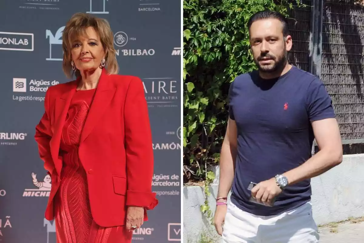 Montaje de María Teresa Campos sonriendo con la mano en la cintura y en un traje rojo y Kike Calleja con una camiseta azul Montaje de María Teresa Campos sonriendo con la mano en la cintura y en un traje rojo y Kike Calleja con una camiseta azul