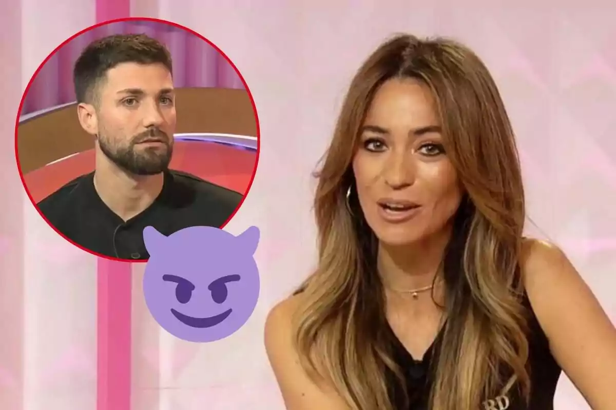 Montaje de María Verdoy hablando con tirantes negros, Alejandro Albalá hablando con una camiseta negra y un emoji de cuernos