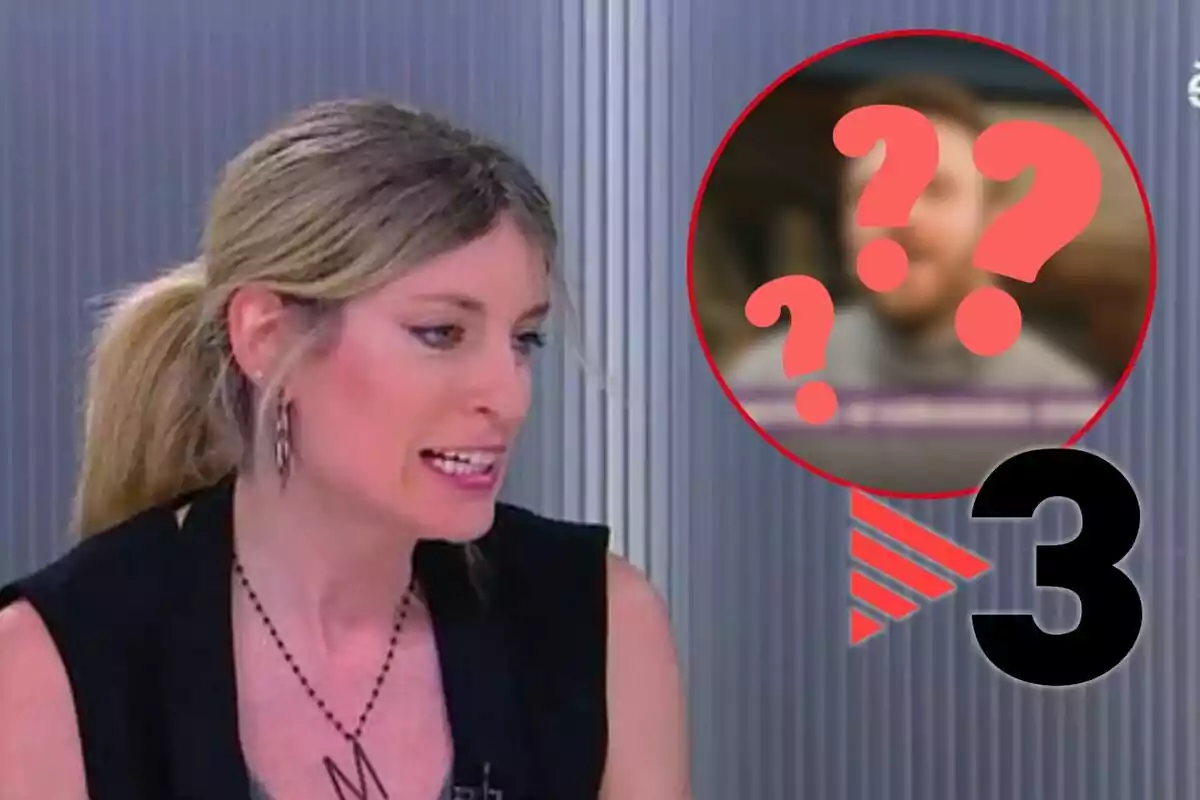 Maria Xinxó hablando en un programa de televisión con un círculo rojo y signos de interrogación sobre una imagen borrosa en la esquina superior derecha.