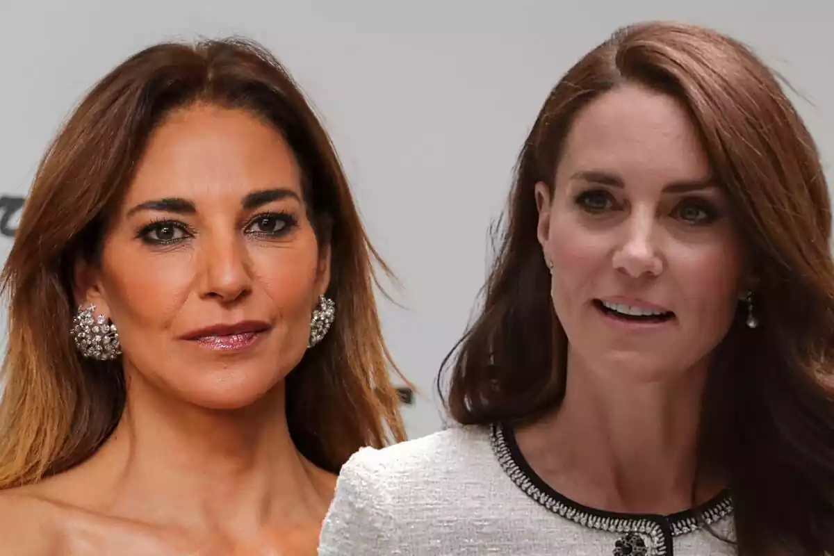 Montaje en primer plano de Mariló Montero seria con unos pendientes de diamantes y Kate Middleton con rostro neutro con una chaqueta blanca y negra