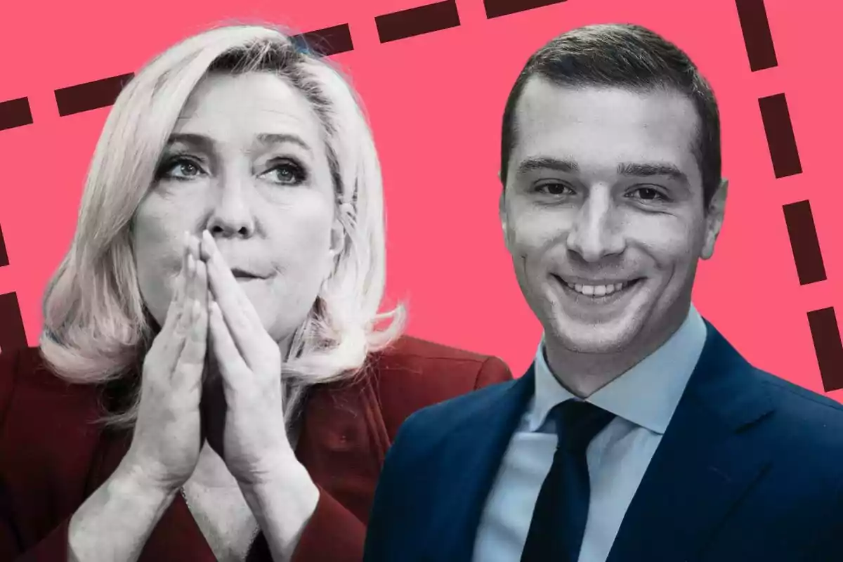 Marine Le Pen y Jordan Bardella, posan frente a un fondo rosa con líneas negras.