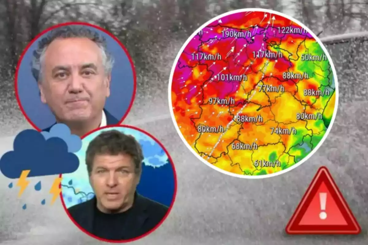 Dos hombres en círculos rojos sobre un fondo de tormenta con un mapa meteorológico que muestra velocidades de viento en colores cálidos y un icono de advertencia triangular.