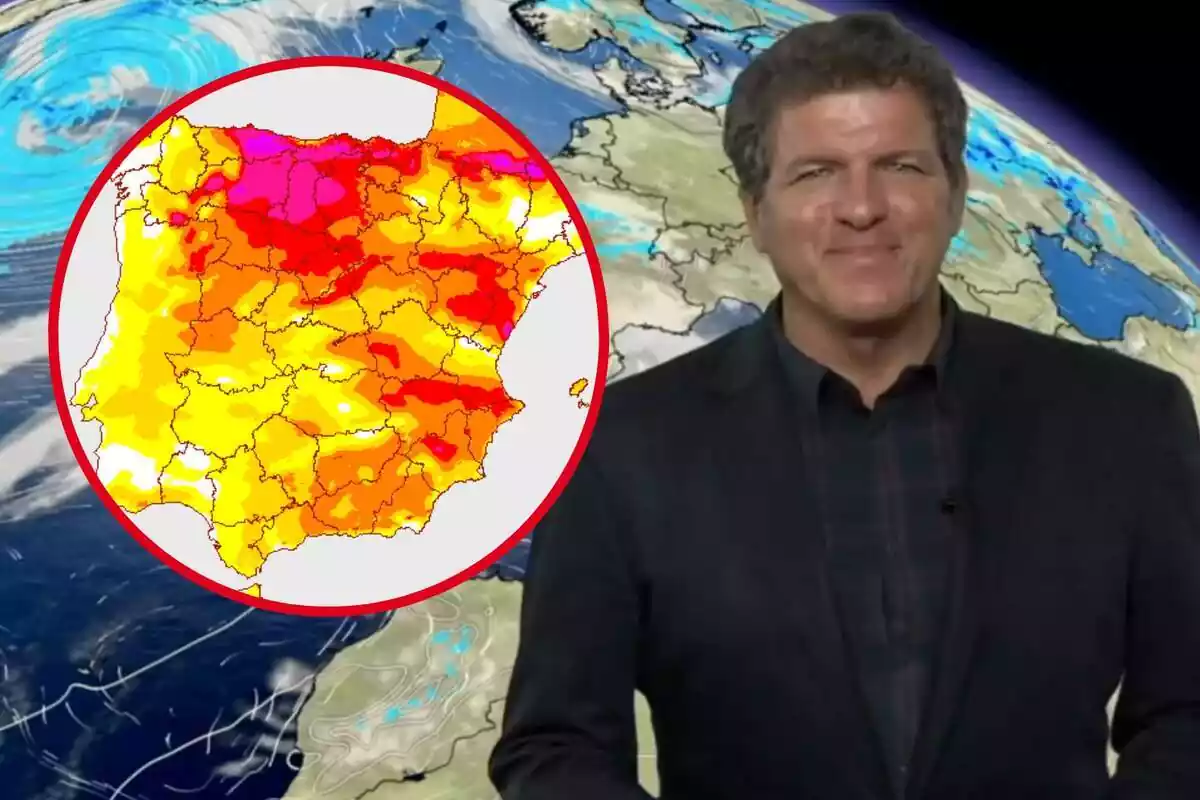 Montaje con la cara de Mario Picazo con una sonrisa y un círculo con el mapa de temperaturas