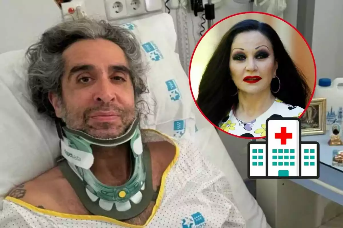 Mario Vaquerizo en una cama de hospital con un collarín y una imagen de Alaska en un círculo rojo al lado.