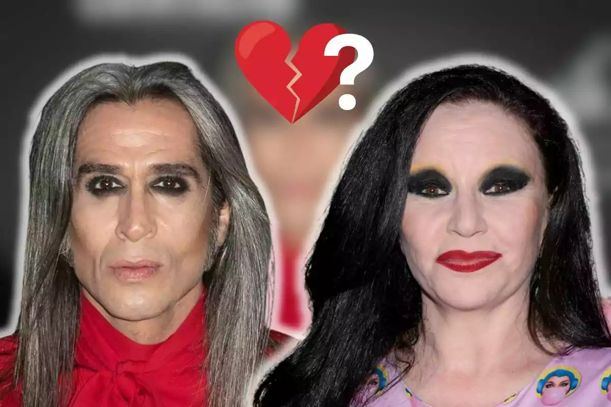 Mario Vaquerizo y Alaska con maquillaje oscuro y cabello largo, con un corazón roto y un signo de interrogación en el fondo.