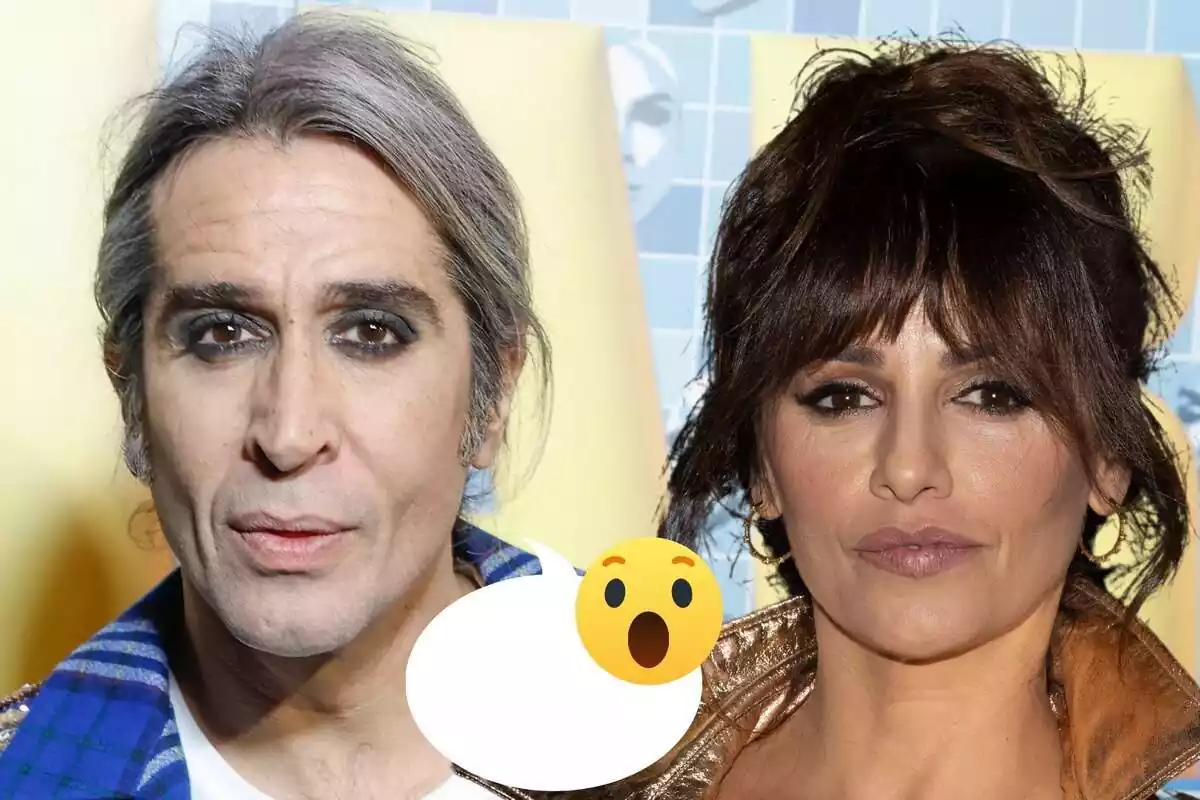 Montaje de Mario Vaquerizo serio con el pelo recogido, Mónica Cruz con el rostro neutro y un moño en el pelo, una conversación y un emoji de sorpresa