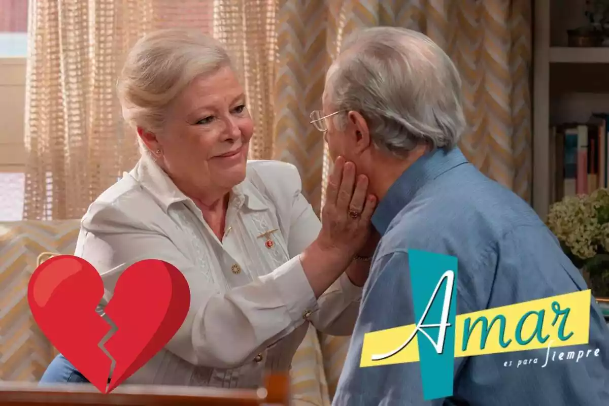 Montaje de 'Amar es para siempre' con Marisa cogiendo la cara de Pelayo, el logo de la serie y un corazón roto