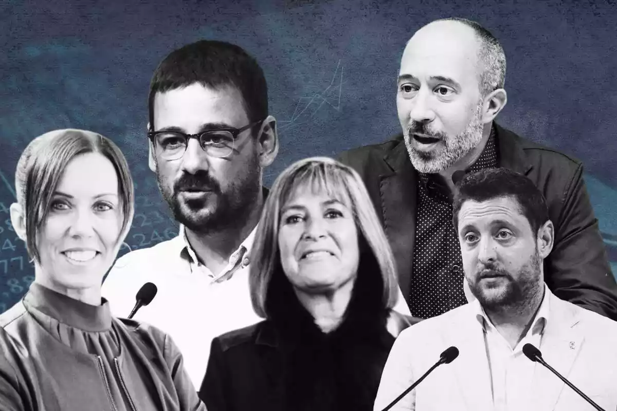 Montaje fotográfico con los alcades Marta Farrés, de Sabadell, Lluc Salellas, de Girona, Núria María, del Hospitalet, Marc Aloy de Manresa y Rubén Viñuales de Tarragona, en blanco y negro