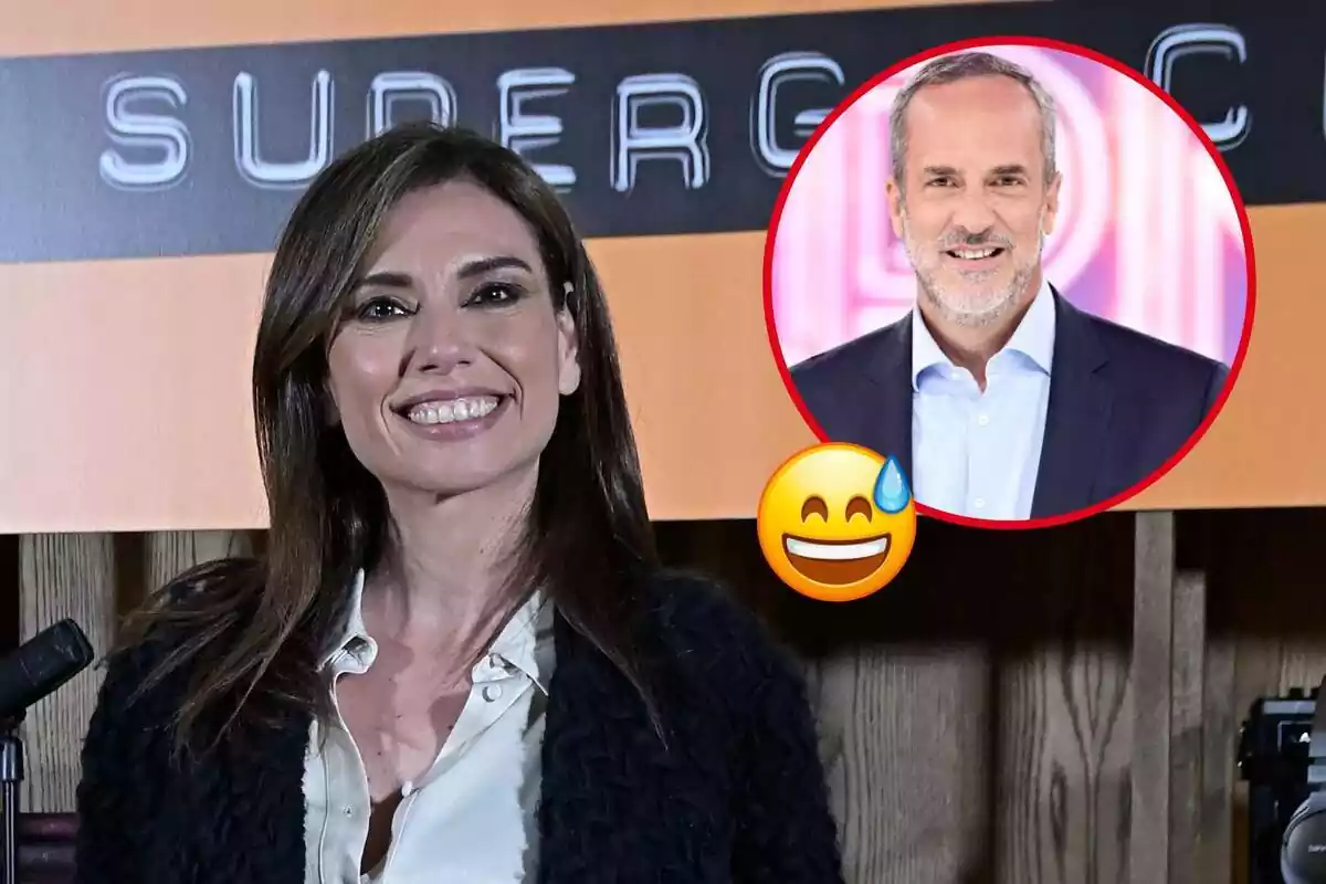 Montaje de Marta Flich sonriendo a camara vestida de calle y un recorte de la cara de Santi Acosta en televisión junto a un emoji de vergüenza