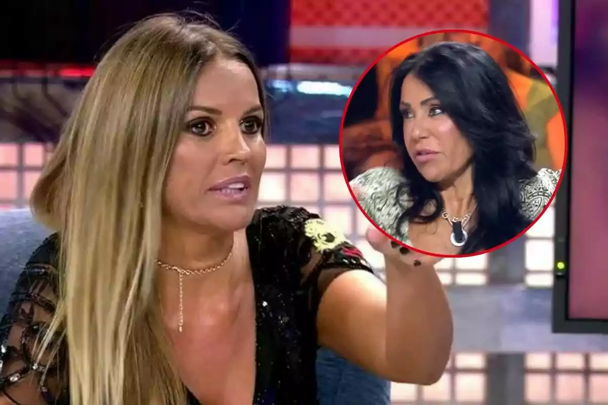 Marta López hablando apasionadamente en un programa de televisión con la imagen de Maite Galdeano morena en un círculo rojo en la esquina superior derecha.