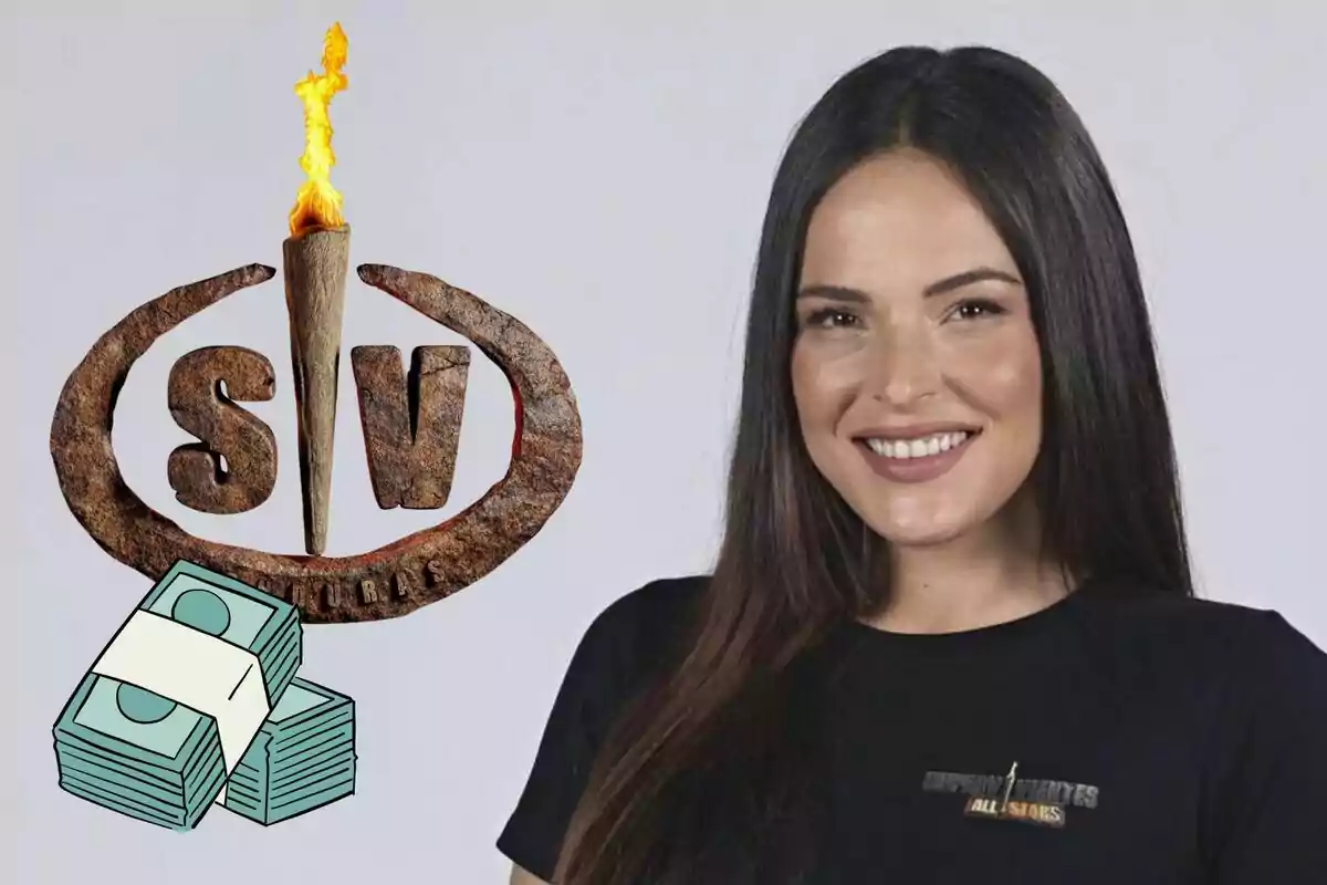 Marta Peñate sonriente, junto a un logotipo con una antorcha y las letras "SV", y un dibujo de un fajo de billetes.