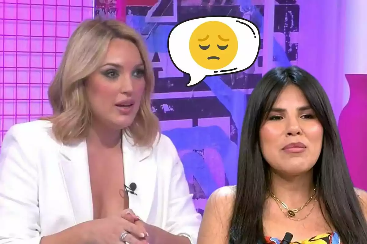 Marta Riesco e Isa Pantoja en un programa de televisión con un emoji de cara triste en un globo de diálogo.