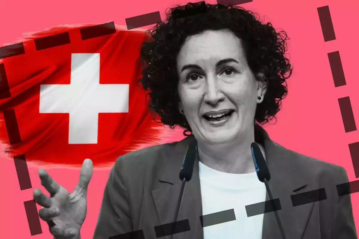 Una persona hablando frente a un micrófono con una bandera suiza de fondo y un diseño gráfico en tonos rosados.