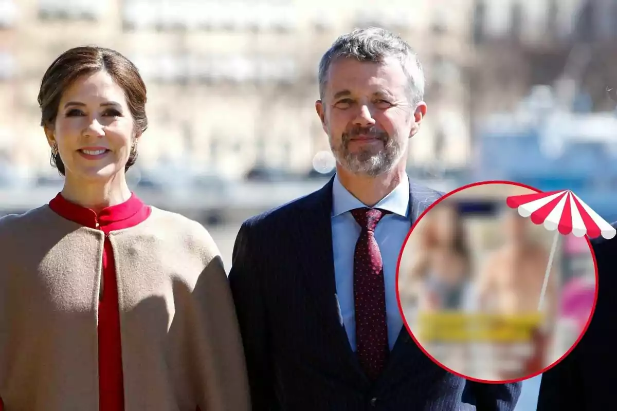 Mary Donaldson y Federico de Dinamarca posan juntos al aire libre, ambos sonrientes y bien vestidos; en la esquina inferior derecha de la imagen hay un círculo con una foto borrosa y un icono de sombrilla.