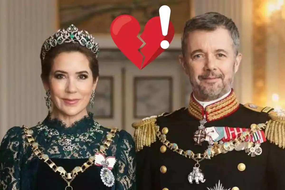 Mary Donaldson y Federico de Dinamarca vestida de gala con un emoji de corazón roto sobre ellos.