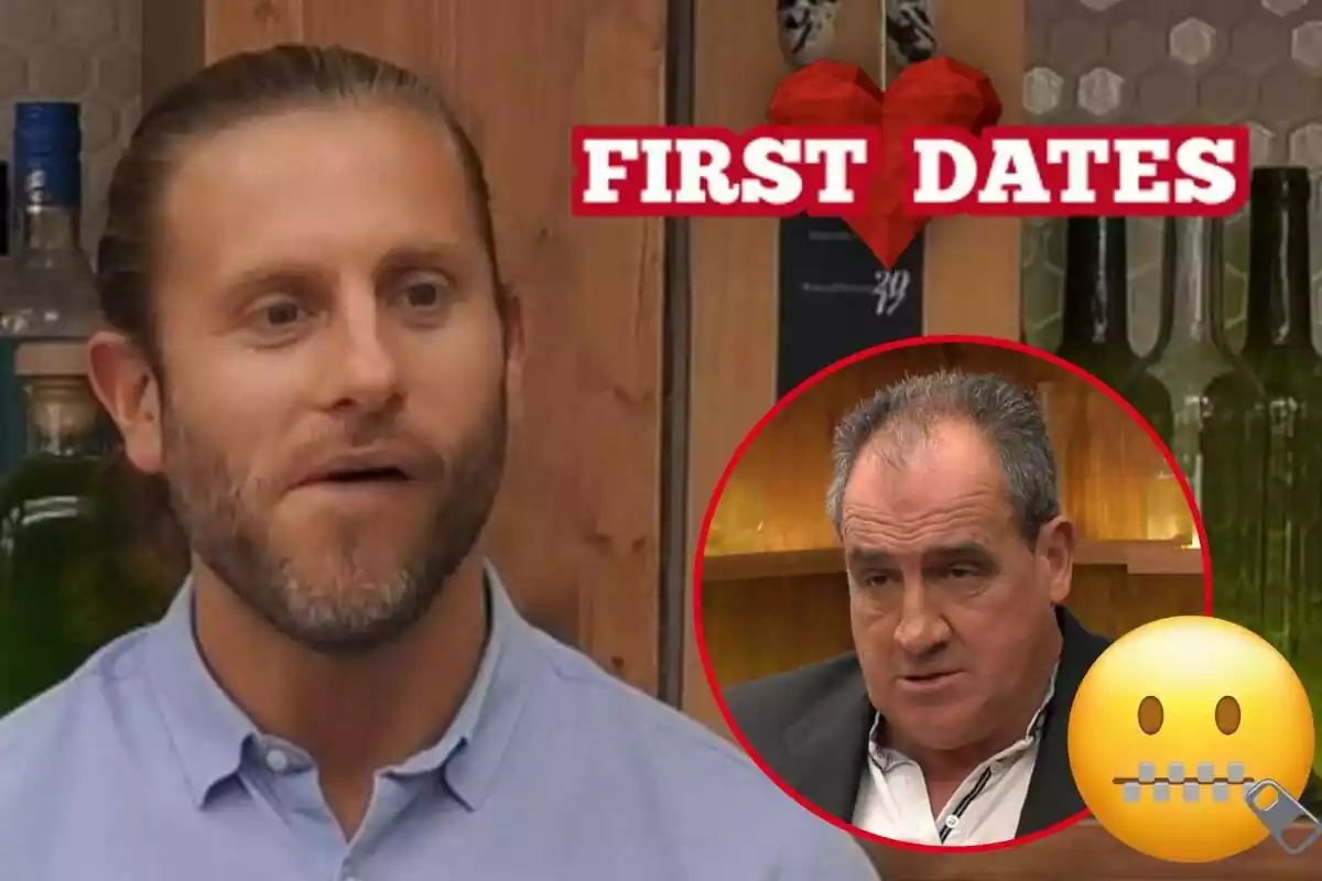 Montaje de Matías Roure serio con la boca torcida, el logo de 'First Dates', el soltero Eladio serio y un emoji con una boca de cremallera