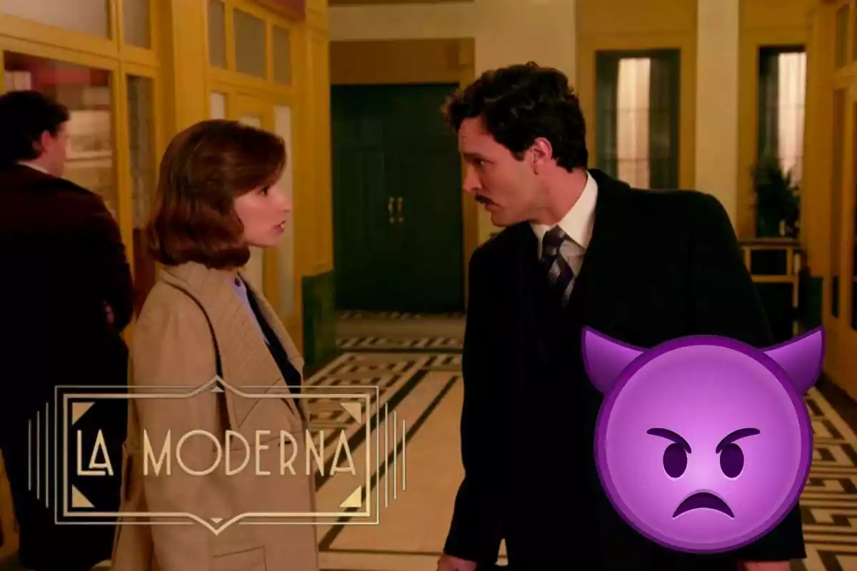 Montaje de 'La Moderna' con Matilde y Íñigo hablando serios, el logo de la serie y un emoji lila enfadado con cuernos