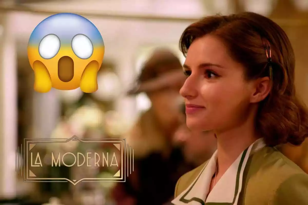 Montaje de 'La Moderna' con Matilde de perfil sonriendo, el logo de la serie y un emoji de sorpresa
