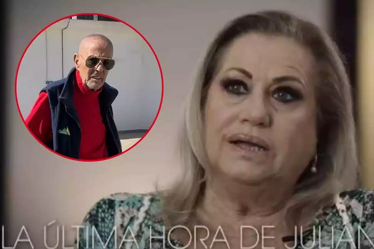 Montaje de Mayte Zaldívar hablando seria y Julián Muñoz serio sin pelo, con gafas de sol, jersey rojo y chaleco azul