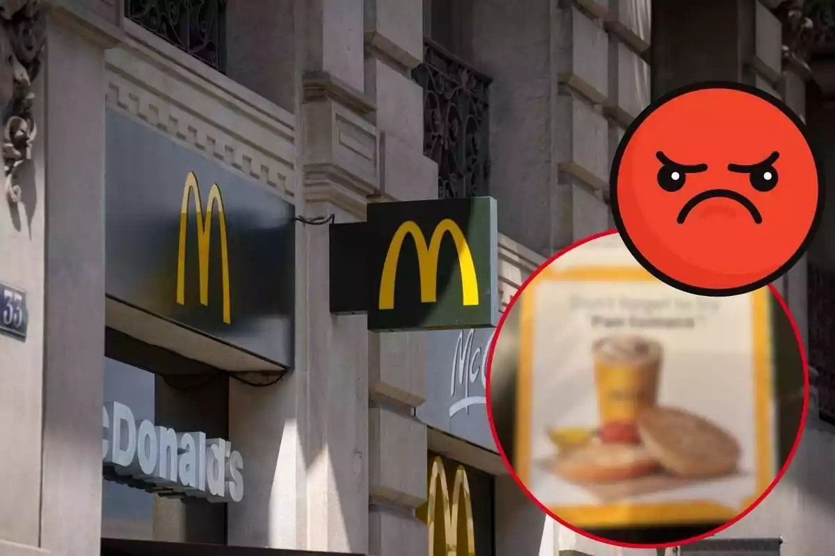 Montaje de un restaurante McDonald's, una imagen de pan con tomate desenfocada y un emoji enfadado