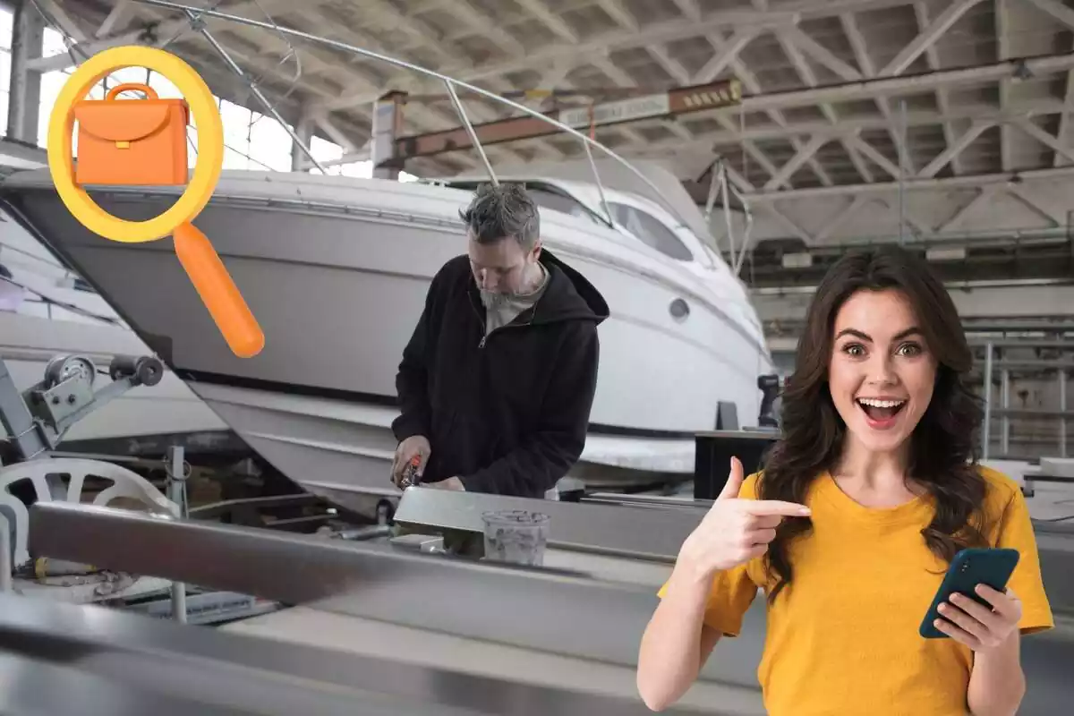 Montaje de un mecánico de barcos trabajando, una lupa con un maletín y una chica sonriendo señalando el móvil