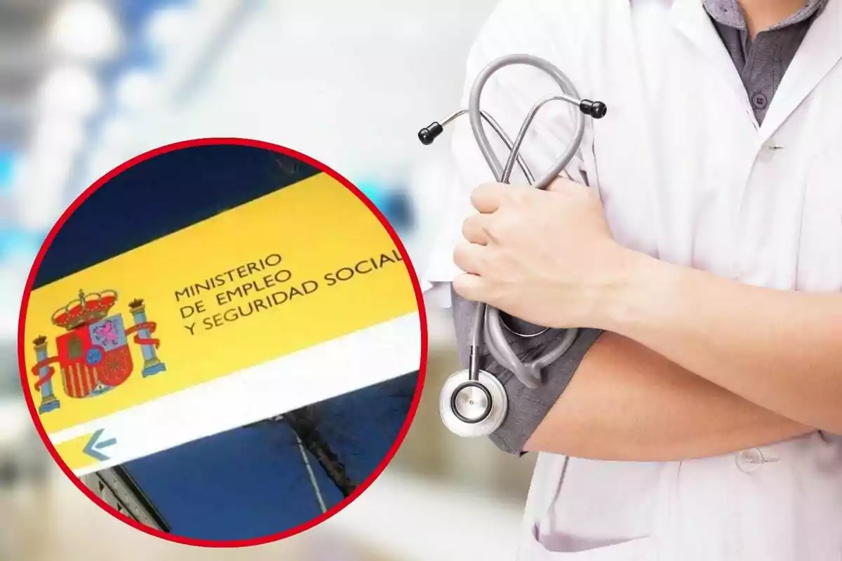 Un médico con bata blanca sostiene un estetoscopio mientras se muestra un cartel del Ministerio de Empleo y Seguridad Social de España.