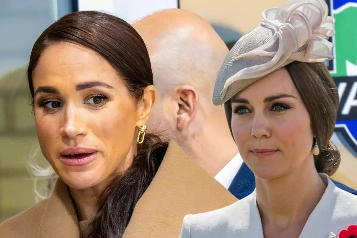 Meghan Markle y Kate Middleton con expresiones serias, una lleva un abrigo marrón y la otra un sombrero elegante, con un hombre calvo de fondo.