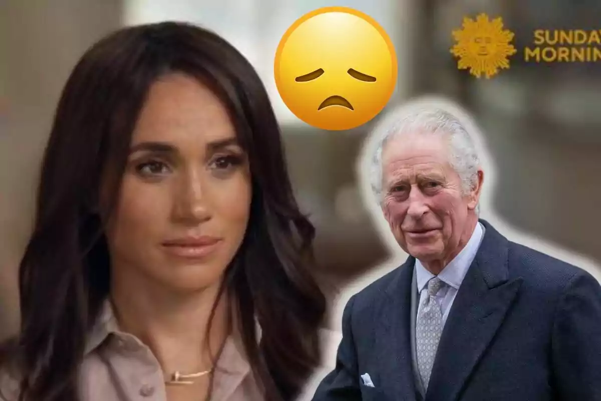 Meghan Markle y Carlos III aparecen en la imagen junto a un emoji de cara triste y el logo de un programa de televisión.